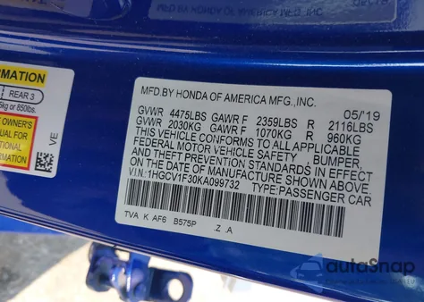 2019 Honda Accord Sport from USA, damaged, VIN 1HGCV1F30KA099732